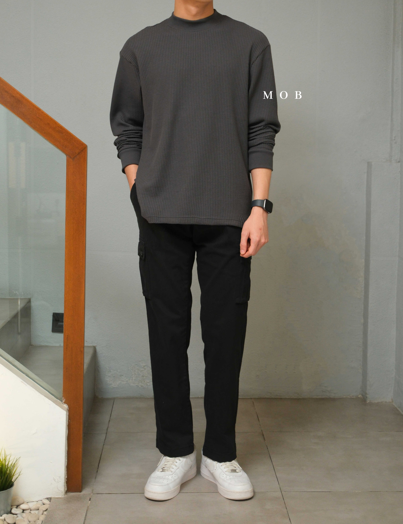 ONLST1201 Mock Neck Waffle LS Tee Asphalt Grey
