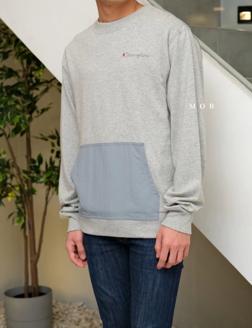 Image of CHMPSW06004B Hybrid Tee Sweatshirt Script Logo Oxford Grey