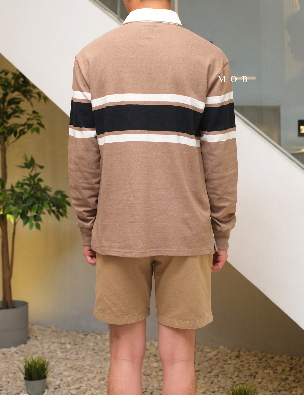 ONPLS01002A Rugby Polo LS Earth Brown Stripe