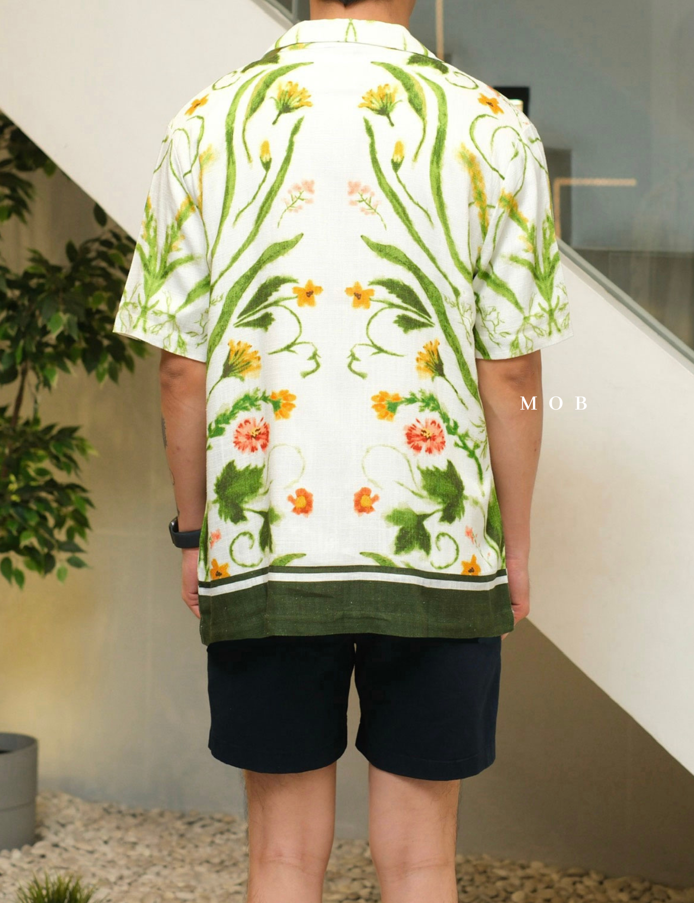 ICN01SSS002-001 Linen Blend Camp Collar SS Shirt White Floral