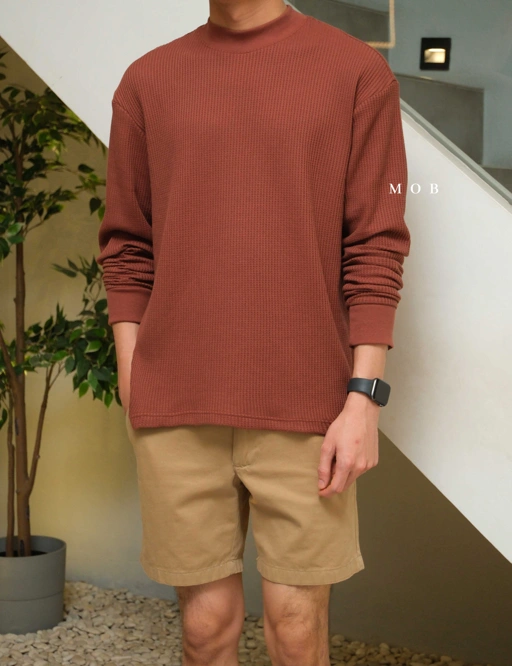 Image of ONLST1202 Mock Neck Waffle LS Tee Terracotta