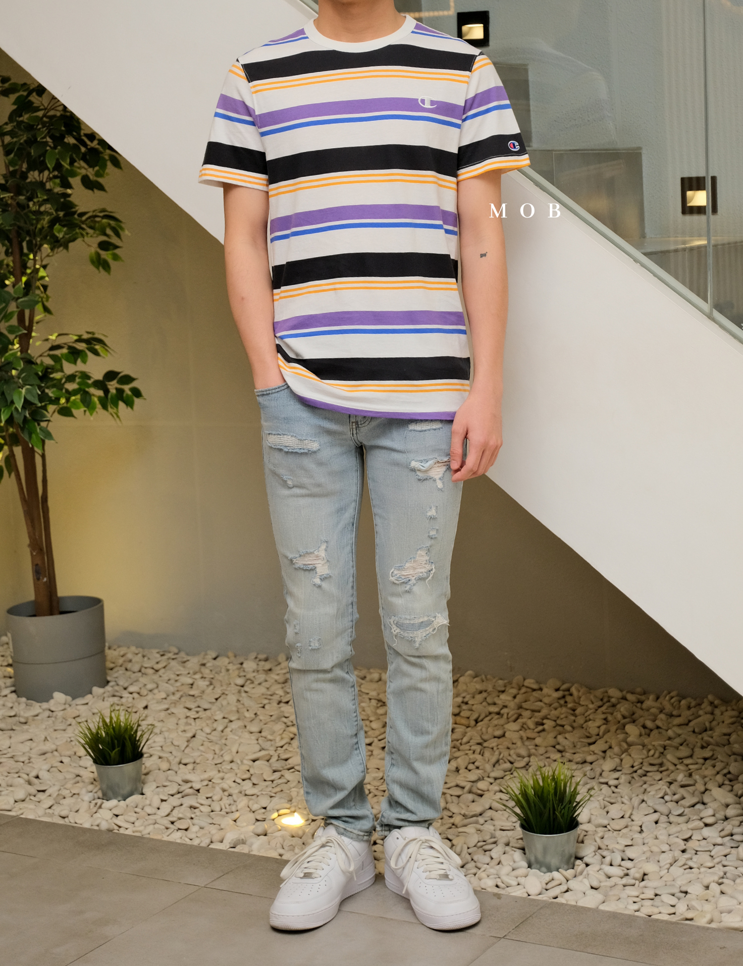 CHMPSST2114 Classic Print SS Tee White Purple Stripe