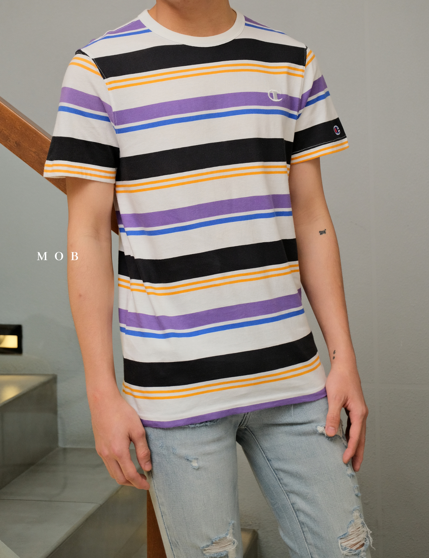 CHMPSST2114 Classic Print SS Tee White Purple Stripe