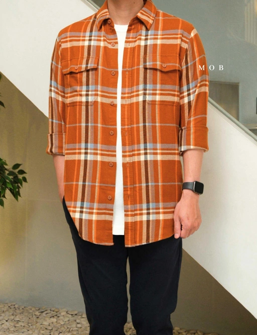 Image of SUNLSS01005 Soft Flannel LS Shirt Orange Brown Plaid