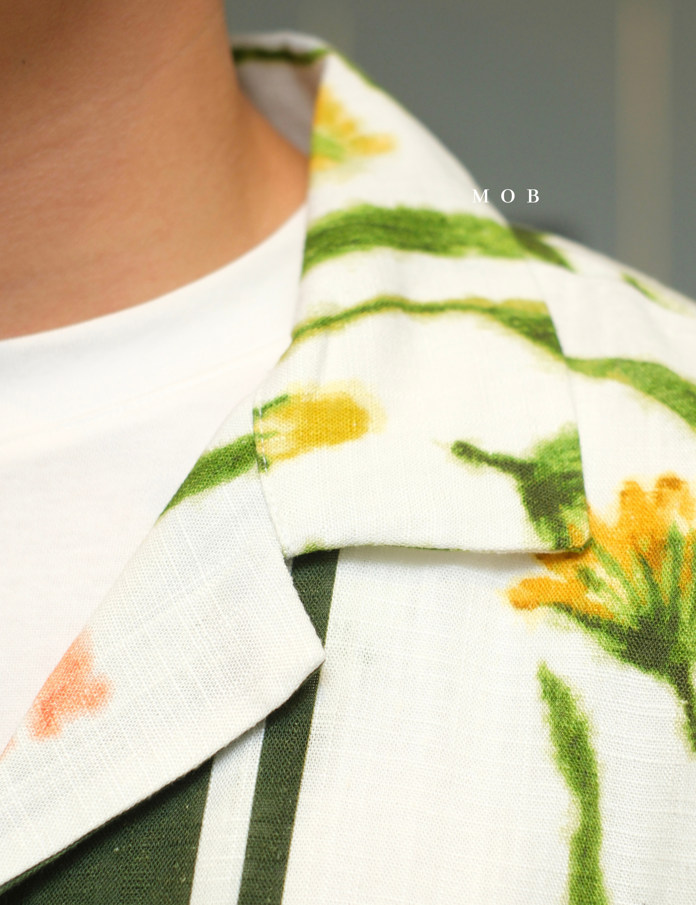 ICN01SSS002-001 Linen Blend Camp Collar SS Shirt White Floral