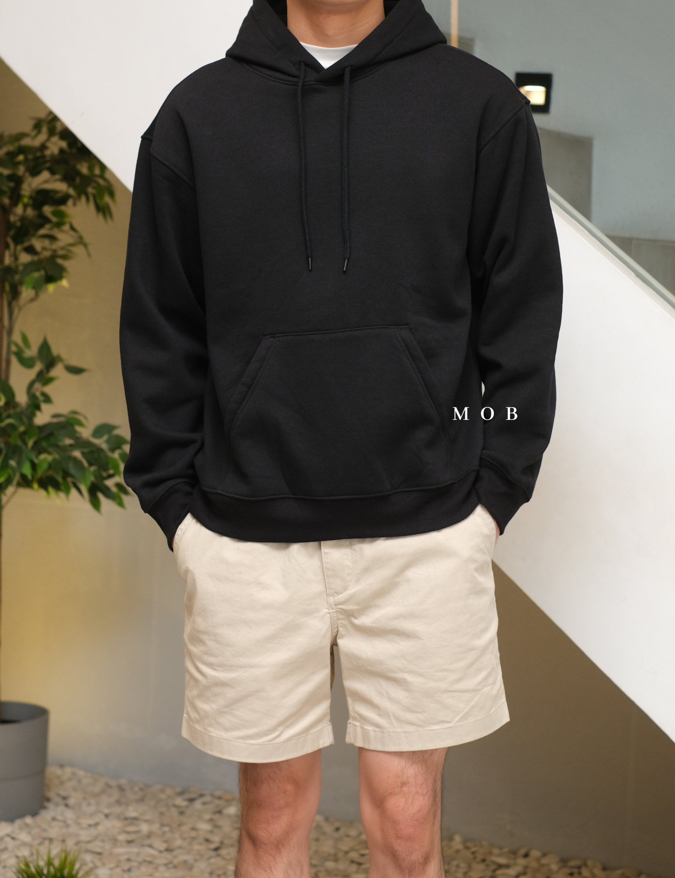 HMHOD02002A Loose Basic Pullover Hoodie Black
