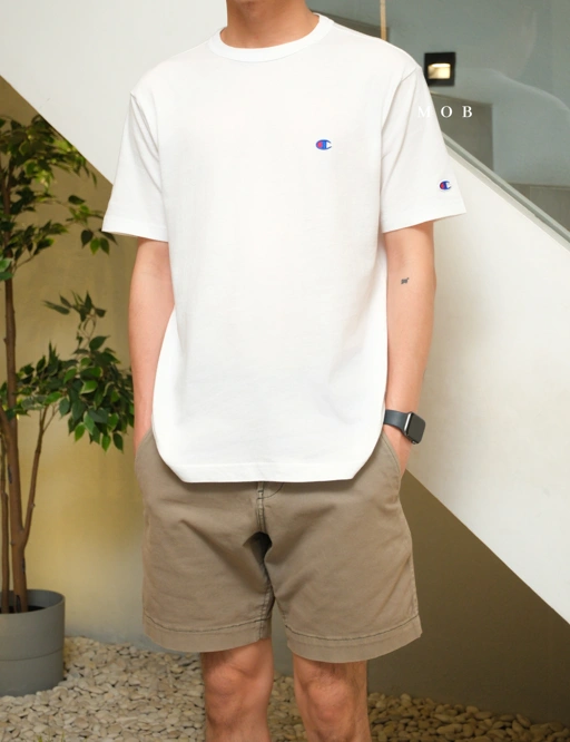 Image of CHMPSST2404A C Small Logo Blue Red SS Tee White