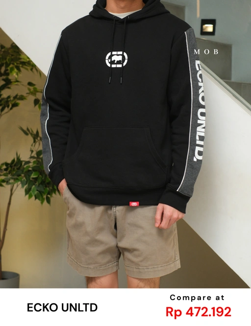 Image of EKOHOD01001 Logo Panel Pullover Hoodie Black