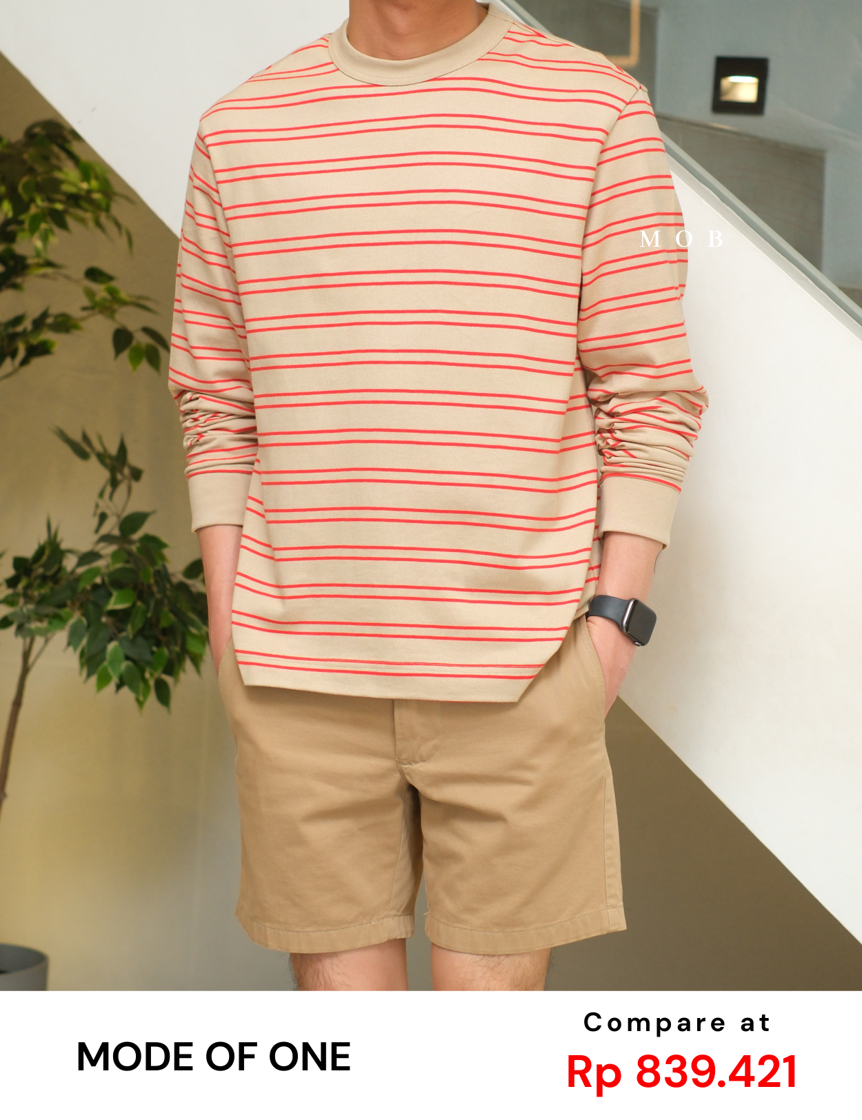 MODLST01001A Relaxed Stripe LS Tee Beige Red