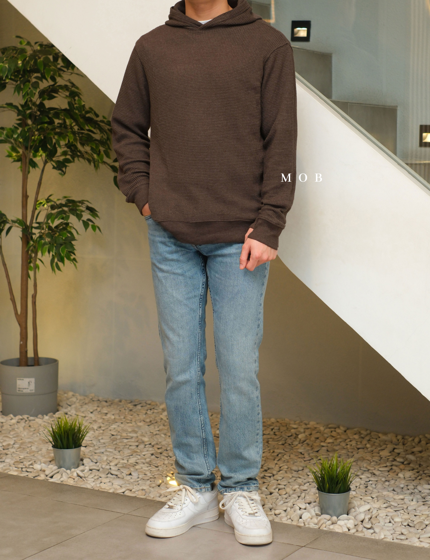 ONHOD08001 Waffle Pullover Hoodie Dark Brown