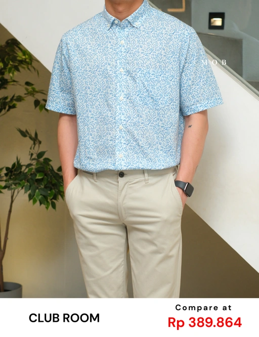 Image of CLRSSS03025 Leaf Pattern SS Shirt Blue White