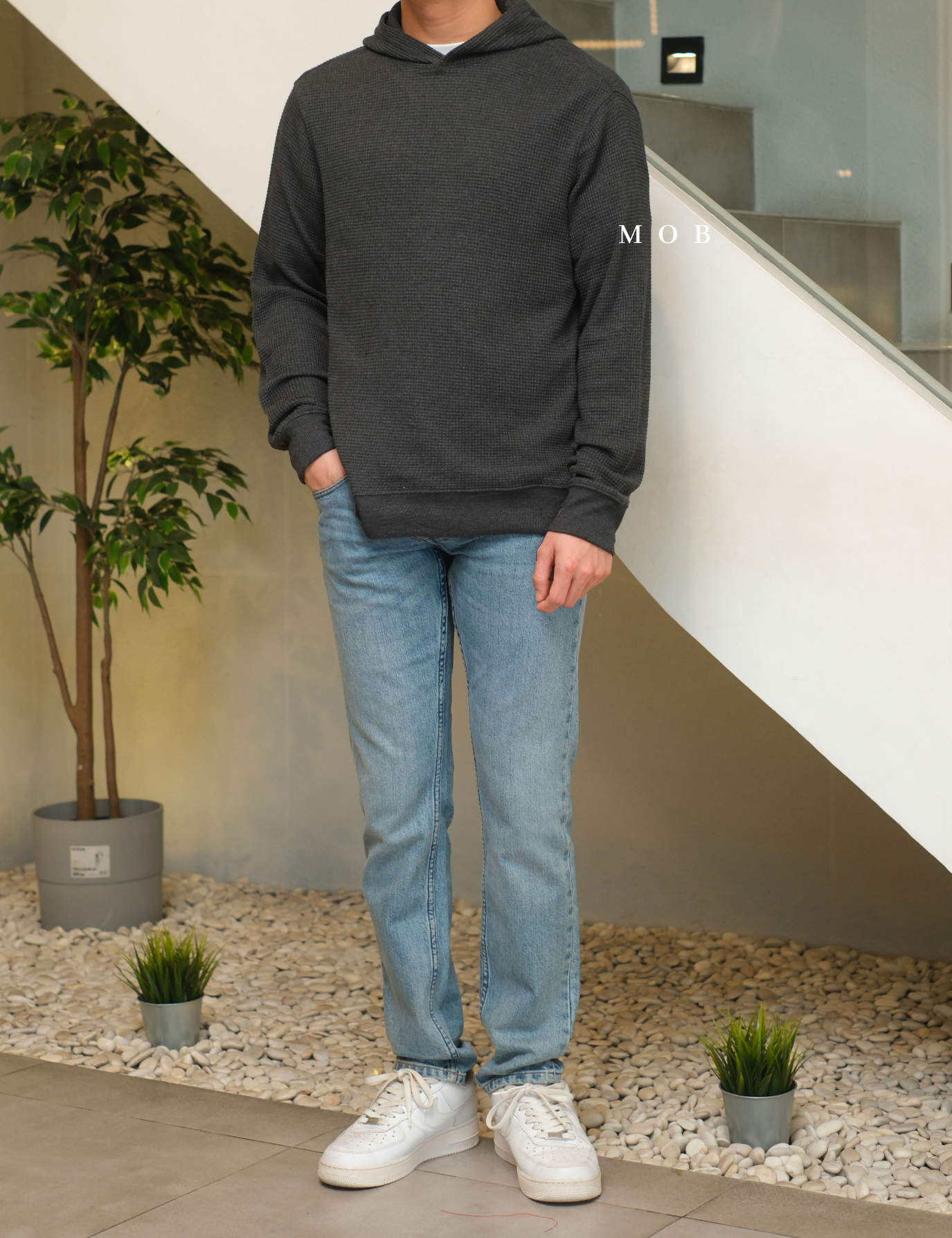 ONHOD08002 Waffle Pullover Hoodie Black Grey