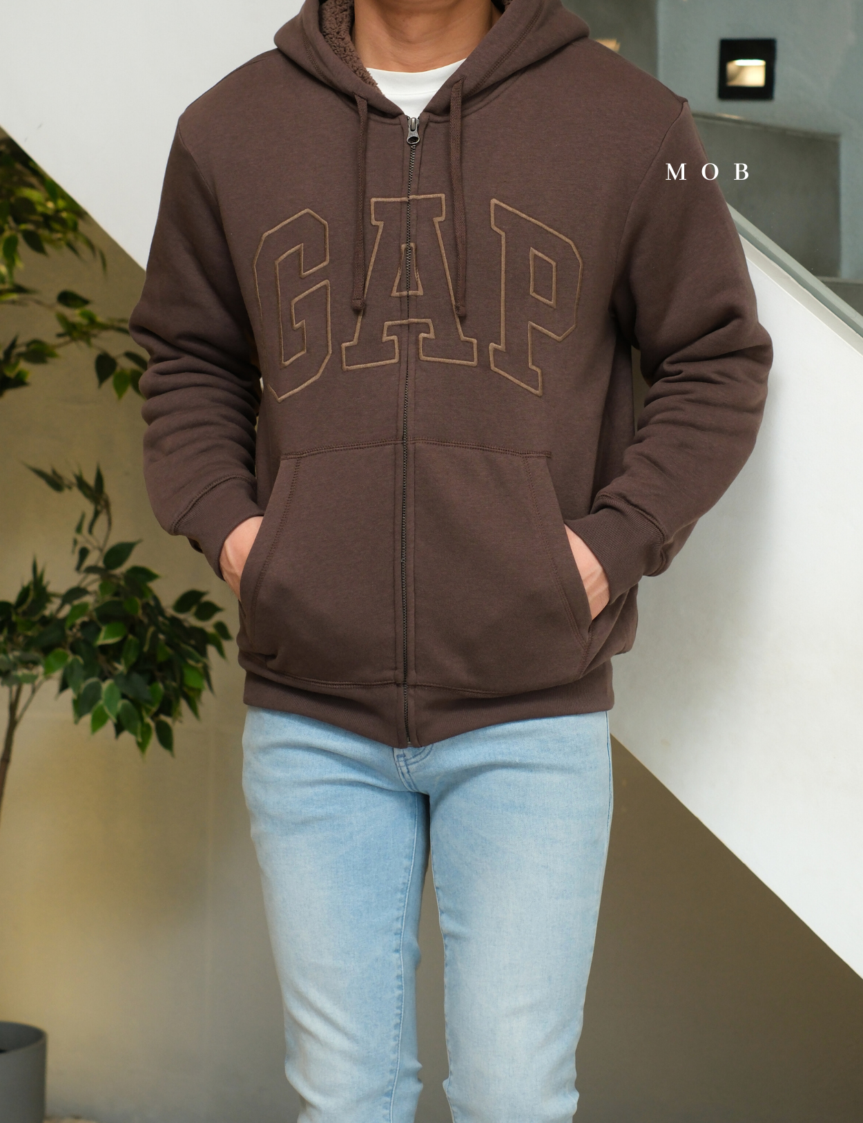 GPFZ03003 Relaxed Logo Sherpa Full Zip Hoodie Brown