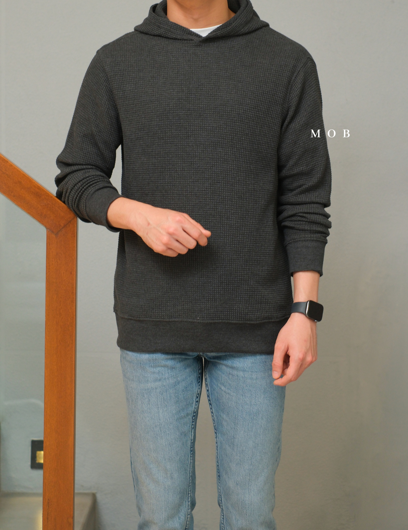 ONHOD08002 Waffle Pullover Hoodie Black Grey