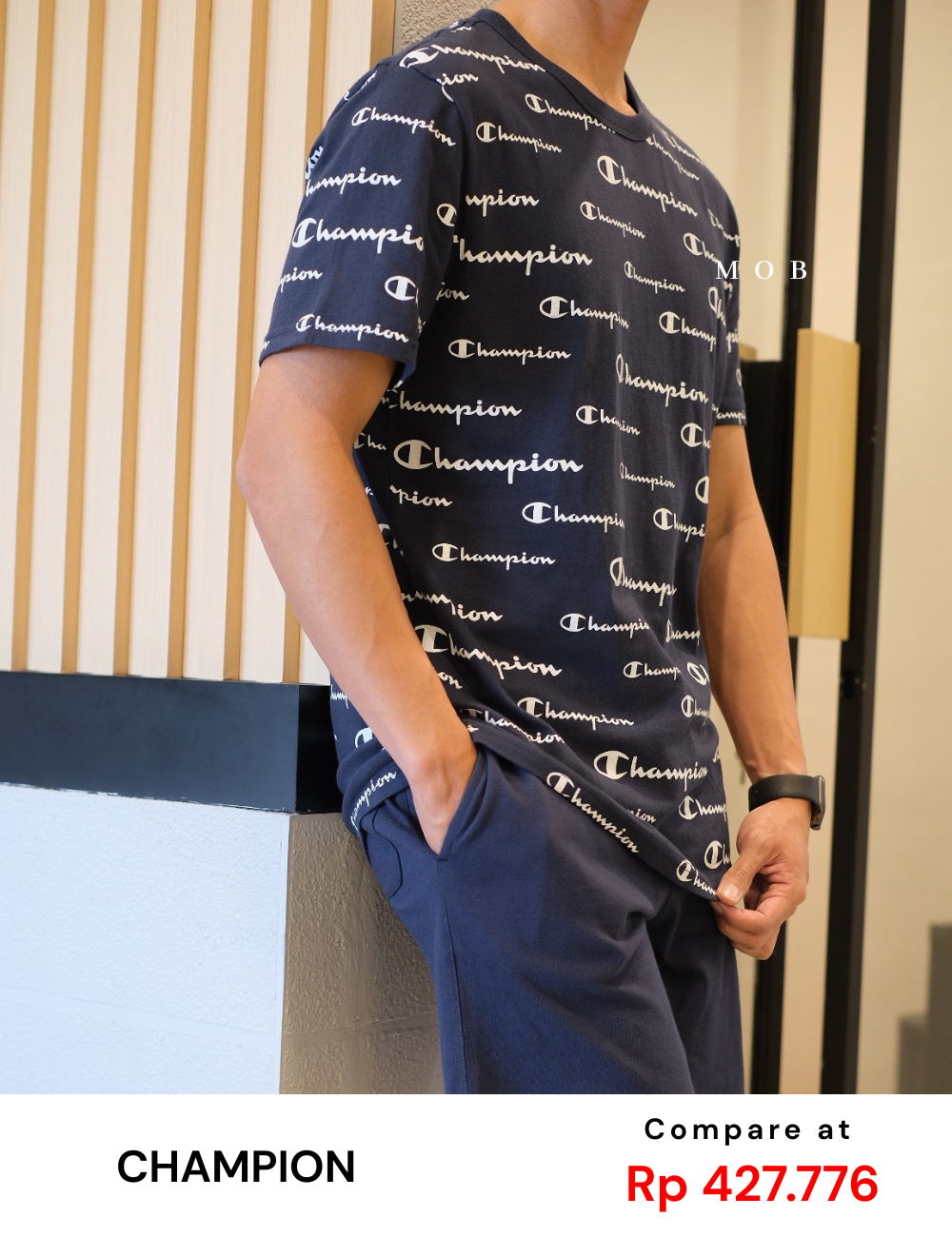 CHMPSST1603 All Over Repeating Logo Tee Navy (S ONLY)