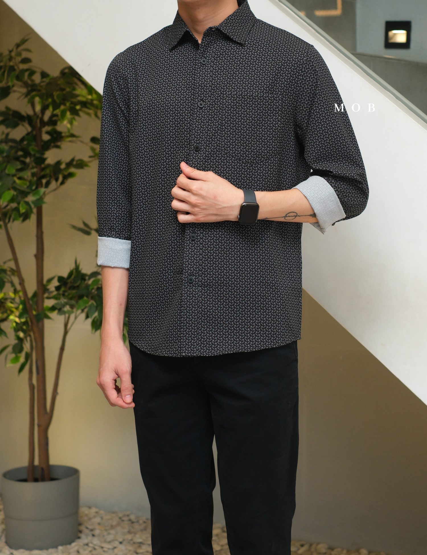 APTLSS03001 Slim Performance LS Shirt Black Patterned