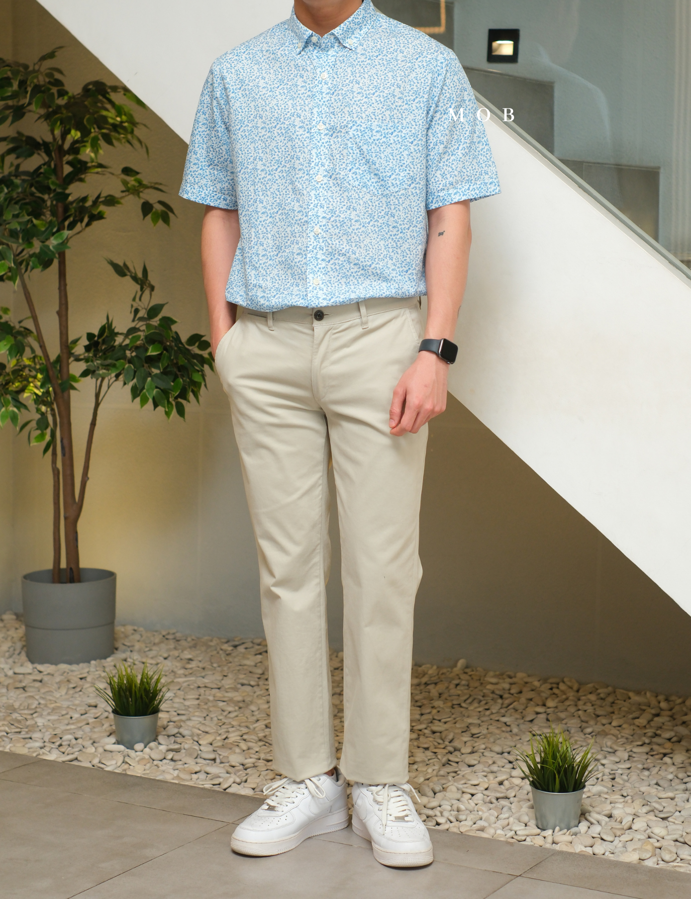 CLRSSS03025 Leaf Pattern SS Shirt Blue White