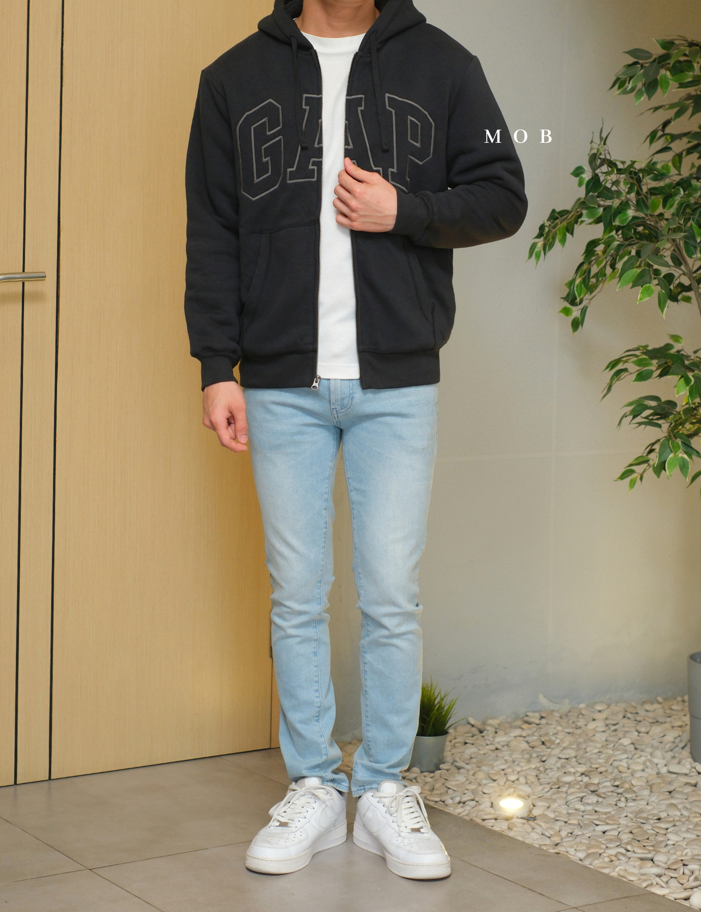 GPFZ03002 Relaxed Logo Sherpa Full Zip Hoodie Smoke Black
