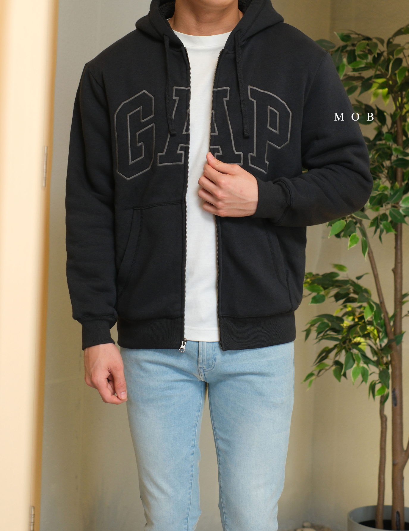 GPFZ03002 Relaxed Logo Sherpa Full Zip Hoodie Smoke Black