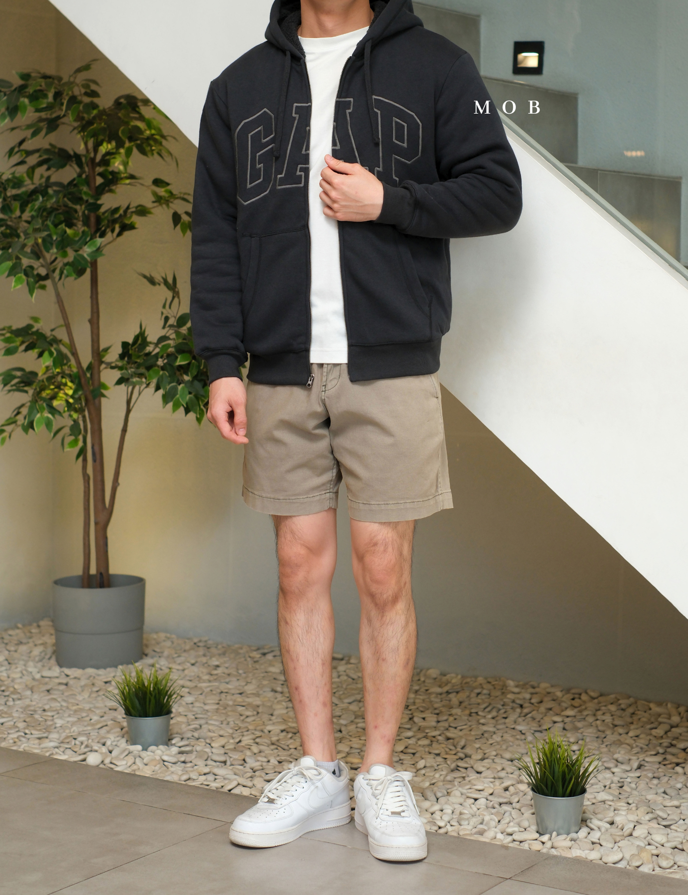 GPFZ03002 Relaxed Logo Sherpa Full Zip Hoodie Smoke Black