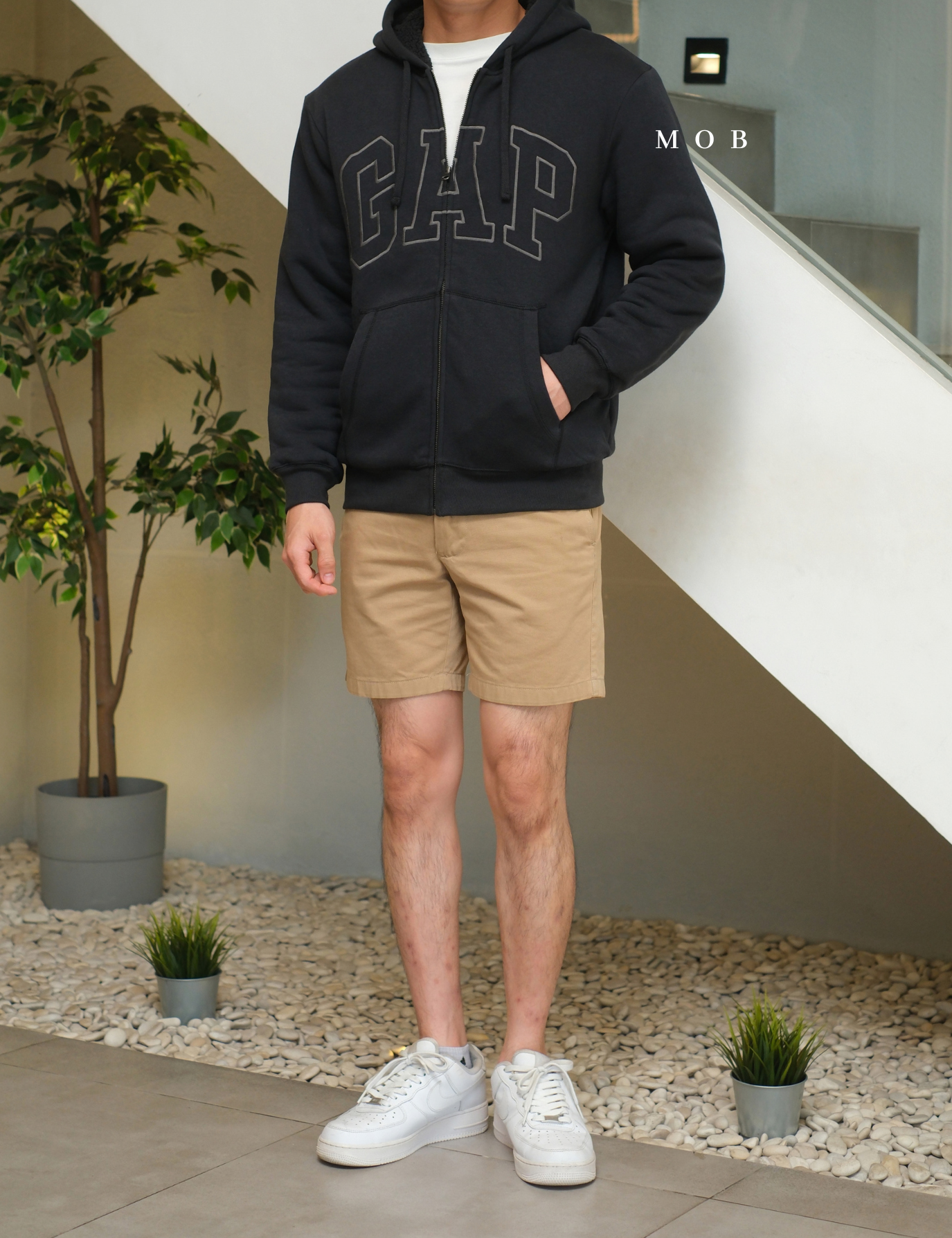 GPFZ03002 Relaxed Logo Sherpa Full Zip Hoodie Smoke Black
