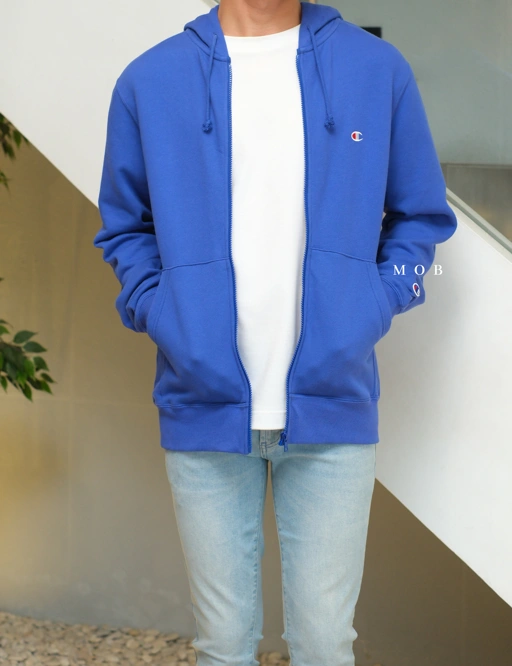 Image of CHMPFZ04002F Basic Terry Small Logo Full Zip Hoodie Blue Electric