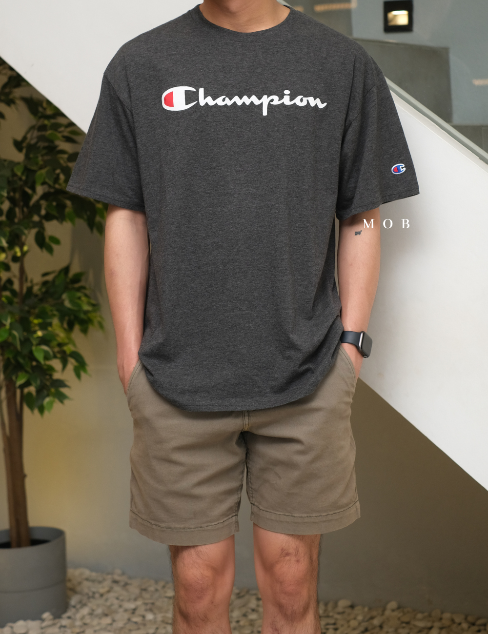 CHMPSST2002D Classic Script Logo SS Tee Asphalt Grey
