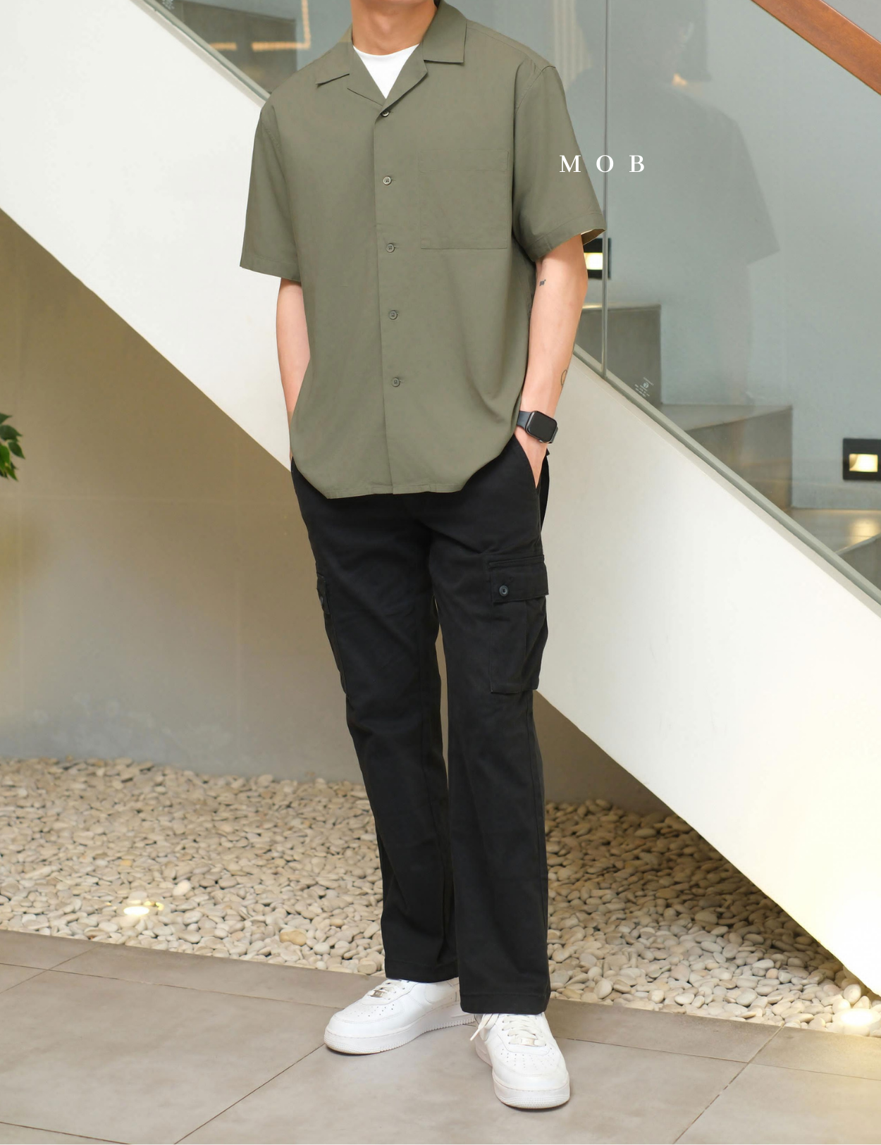 UNQSSS05001A Cotton Open Collar SS Shirt Olive