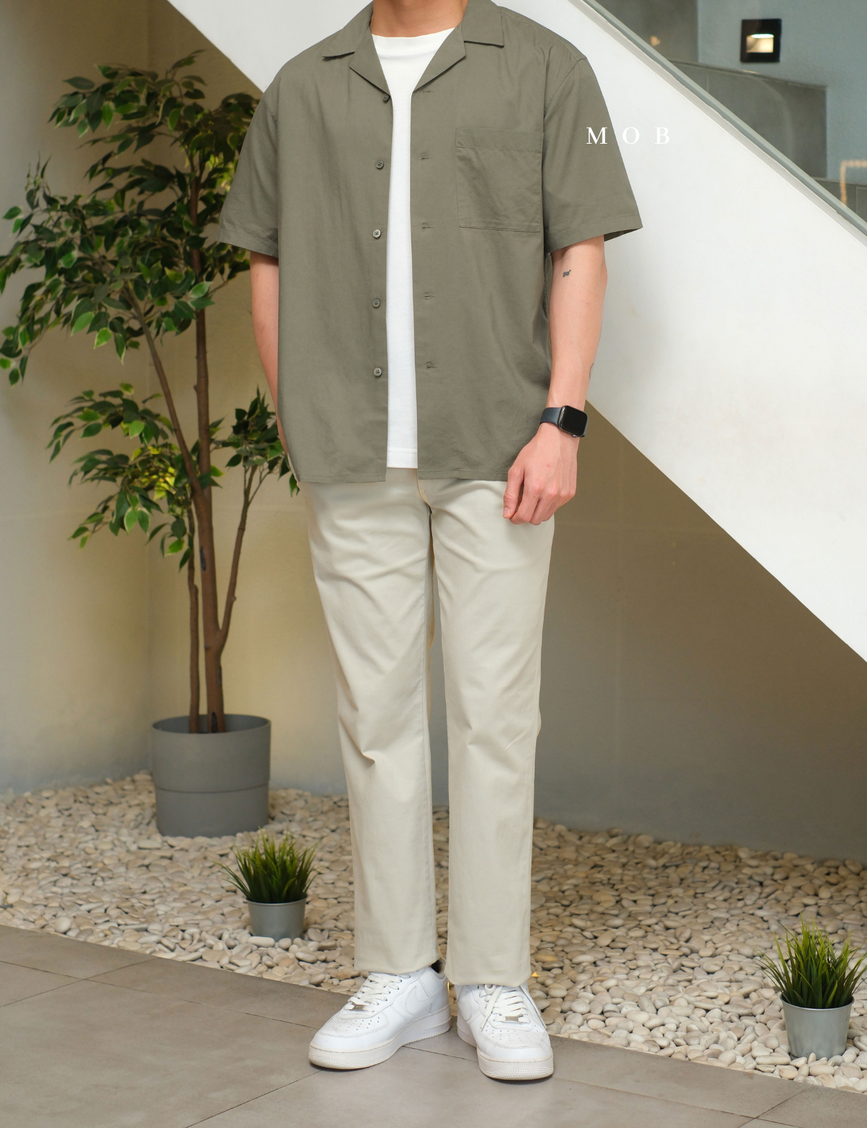 UNQSSS05001A Cotton Open Collar SS Shirt Olive