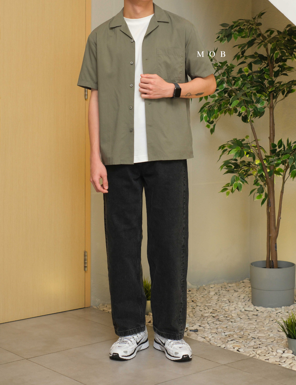 UNQSSS05001A Cotton Open Collar SS Shirt Olive