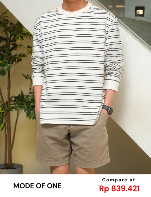 Image of MODLST01001B Relaxed Stripe LS Tee White Navy