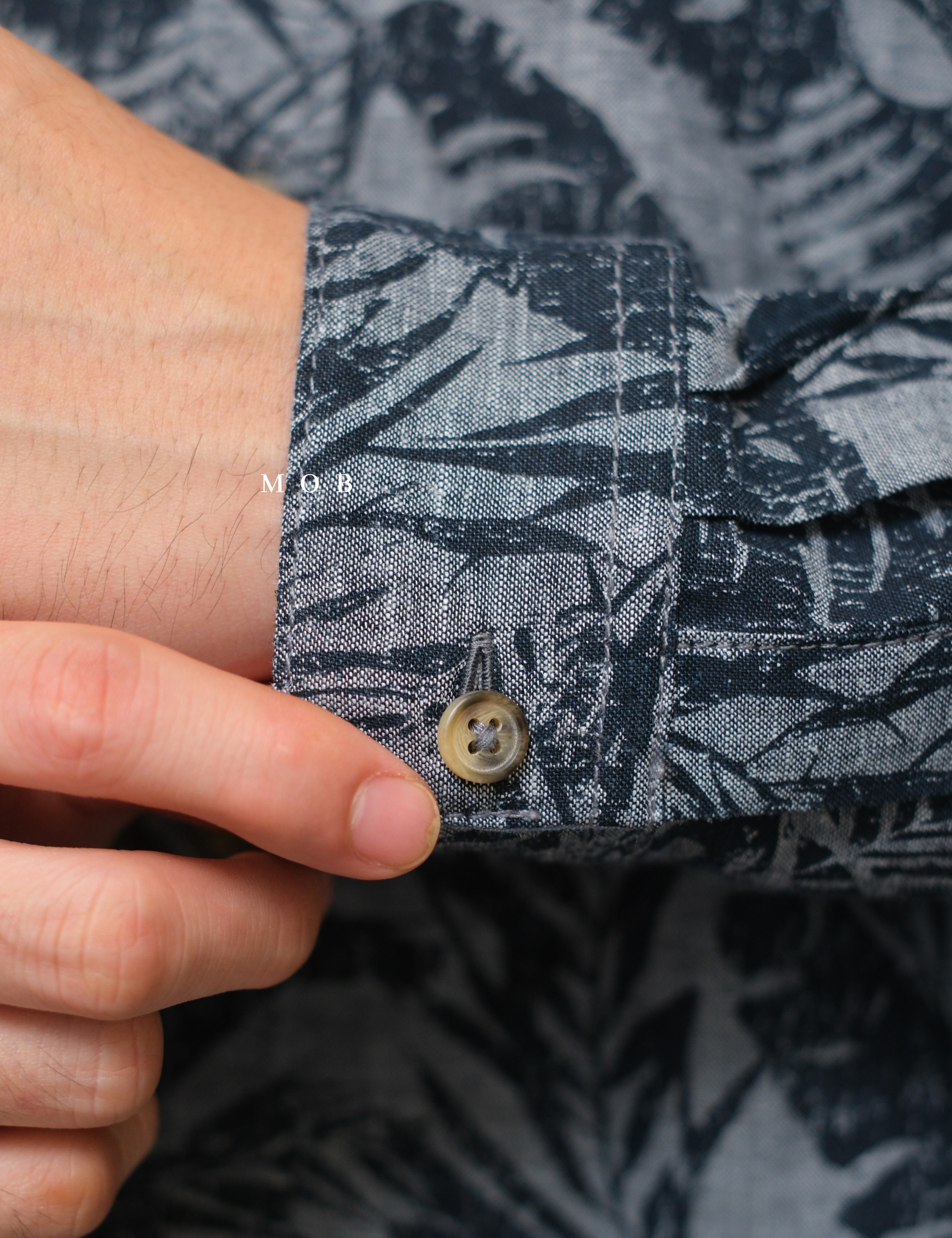 TTLSS05001 LINEN Stand Collar LS Shirt Palm Leaf Navy