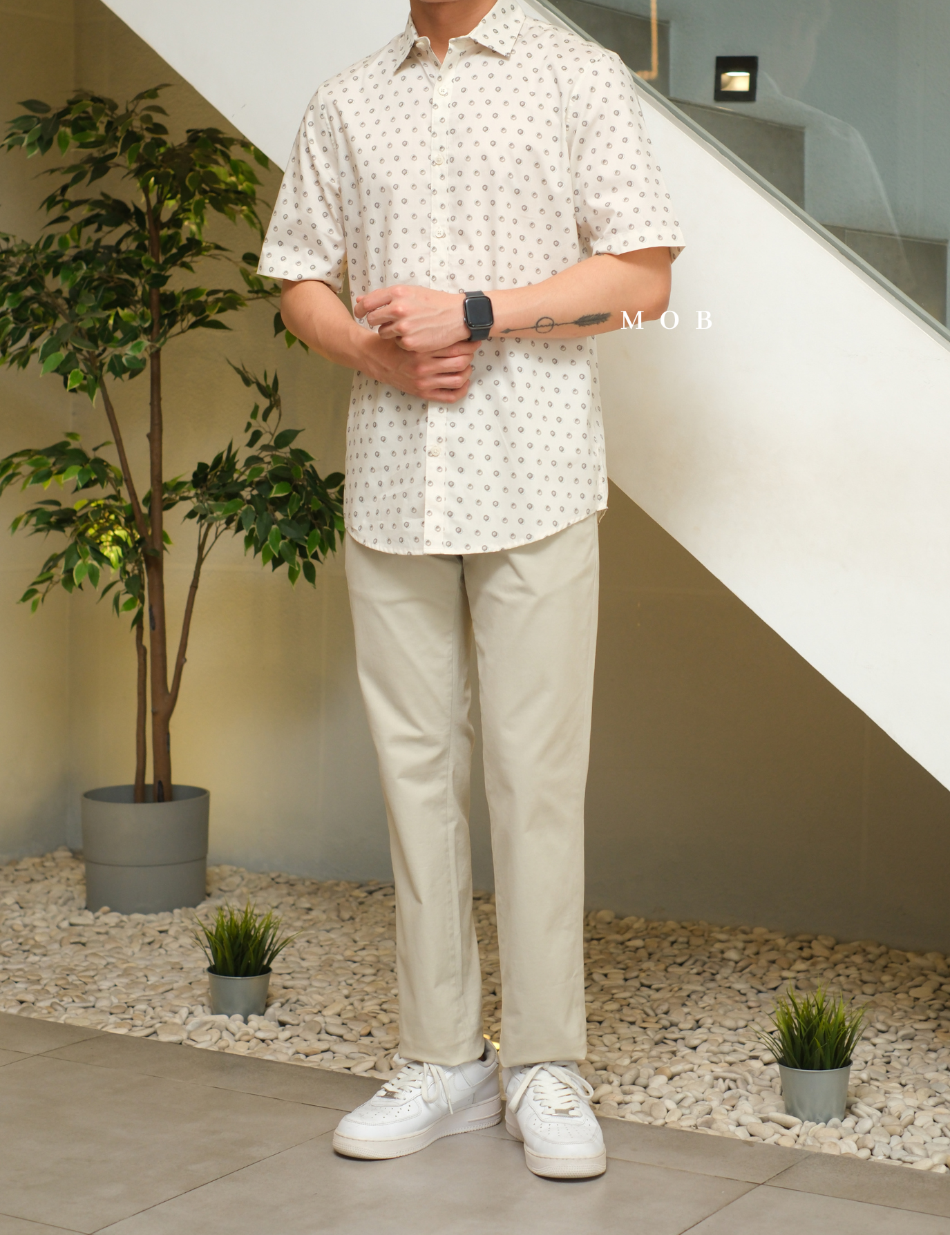 AFSSS01024 Geometric Patterned SS Shirt Light Beige