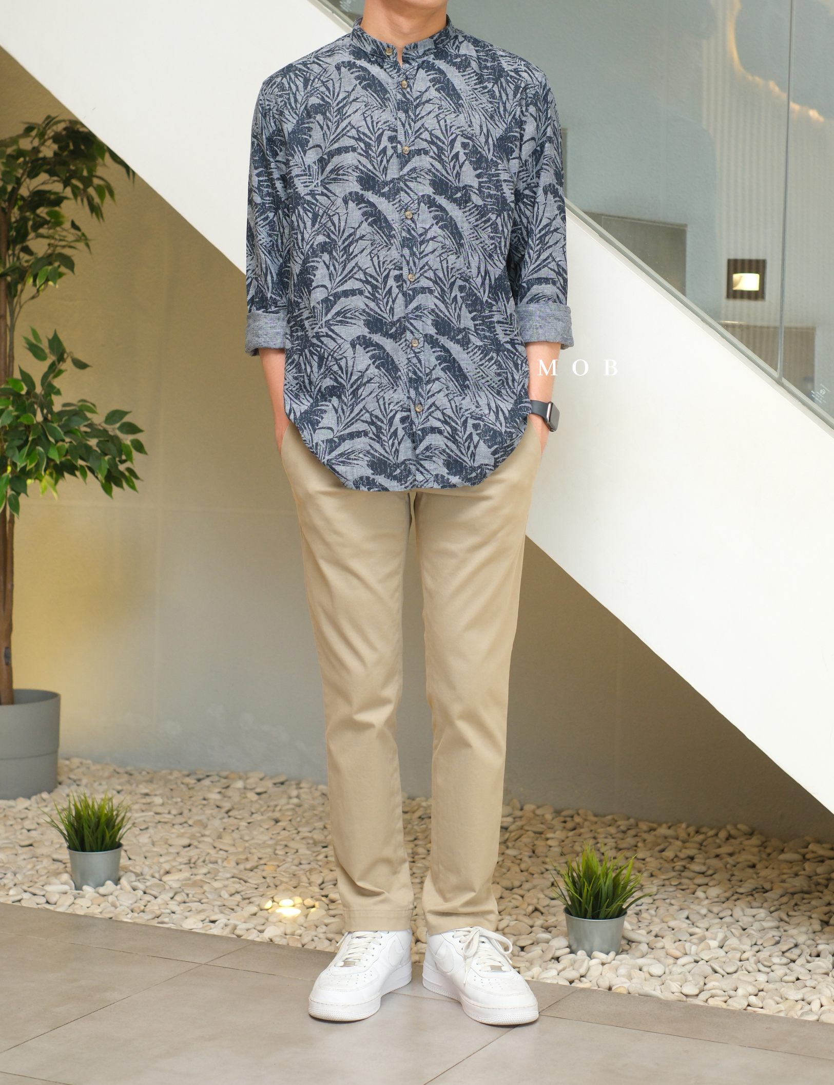 TTLSS05001 LINEN Stand Collar LS Shirt Palm Leaf Navy