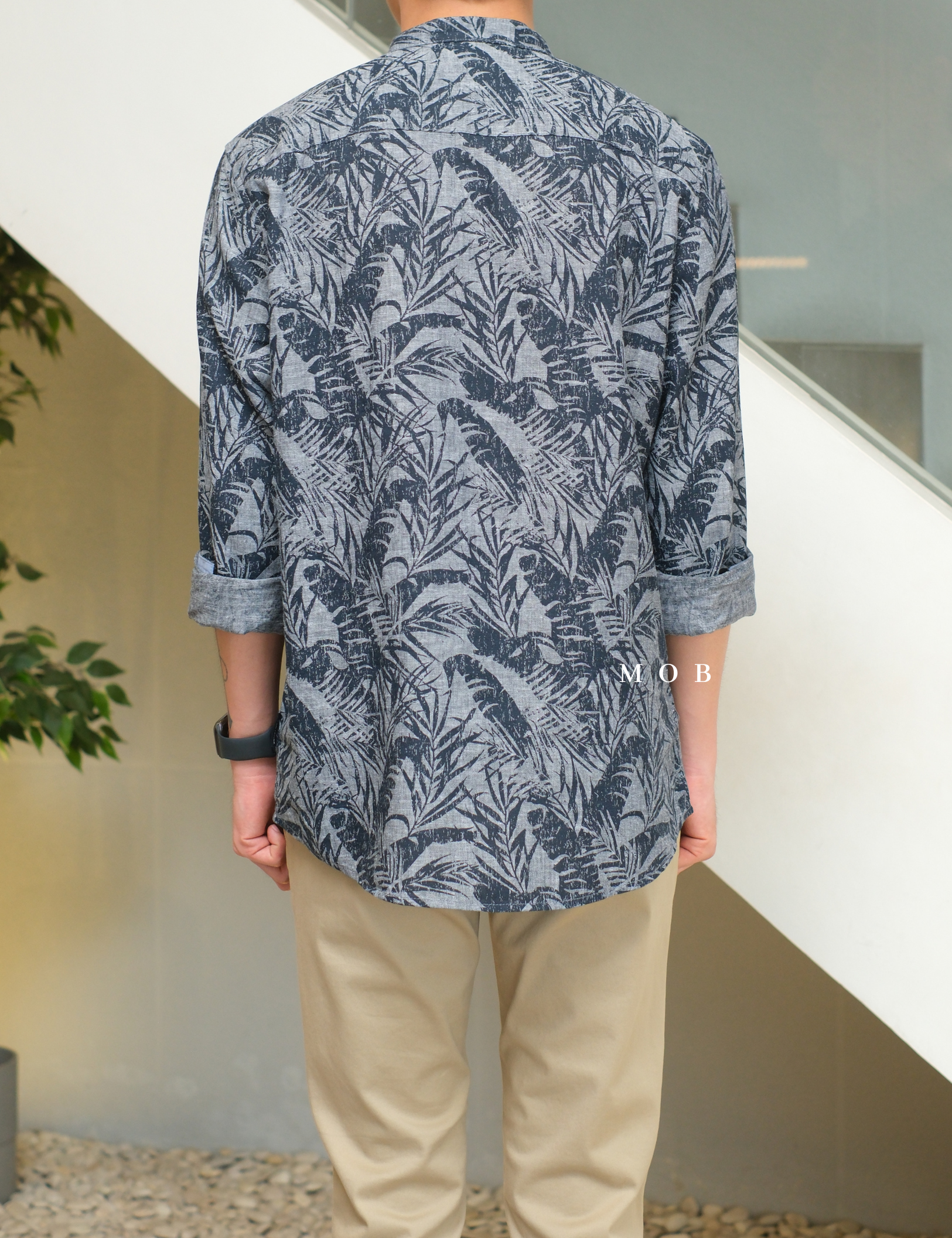 TTLSS05001 LINEN Stand Collar LS Shirt Palm Leaf Navy