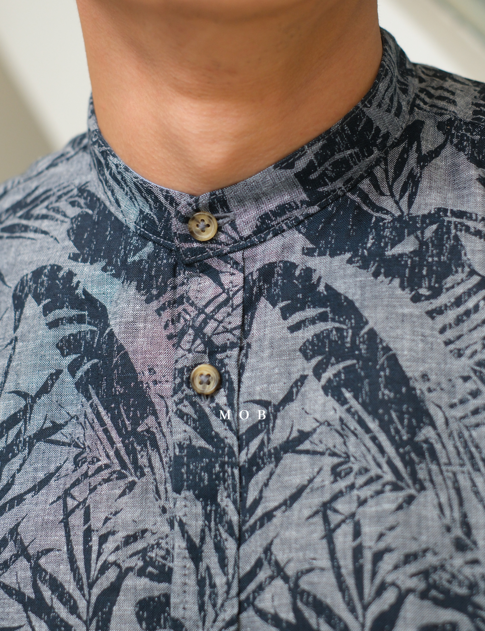 TTLSS05001 LINEN Stand Collar LS Shirt Palm Leaf Navy