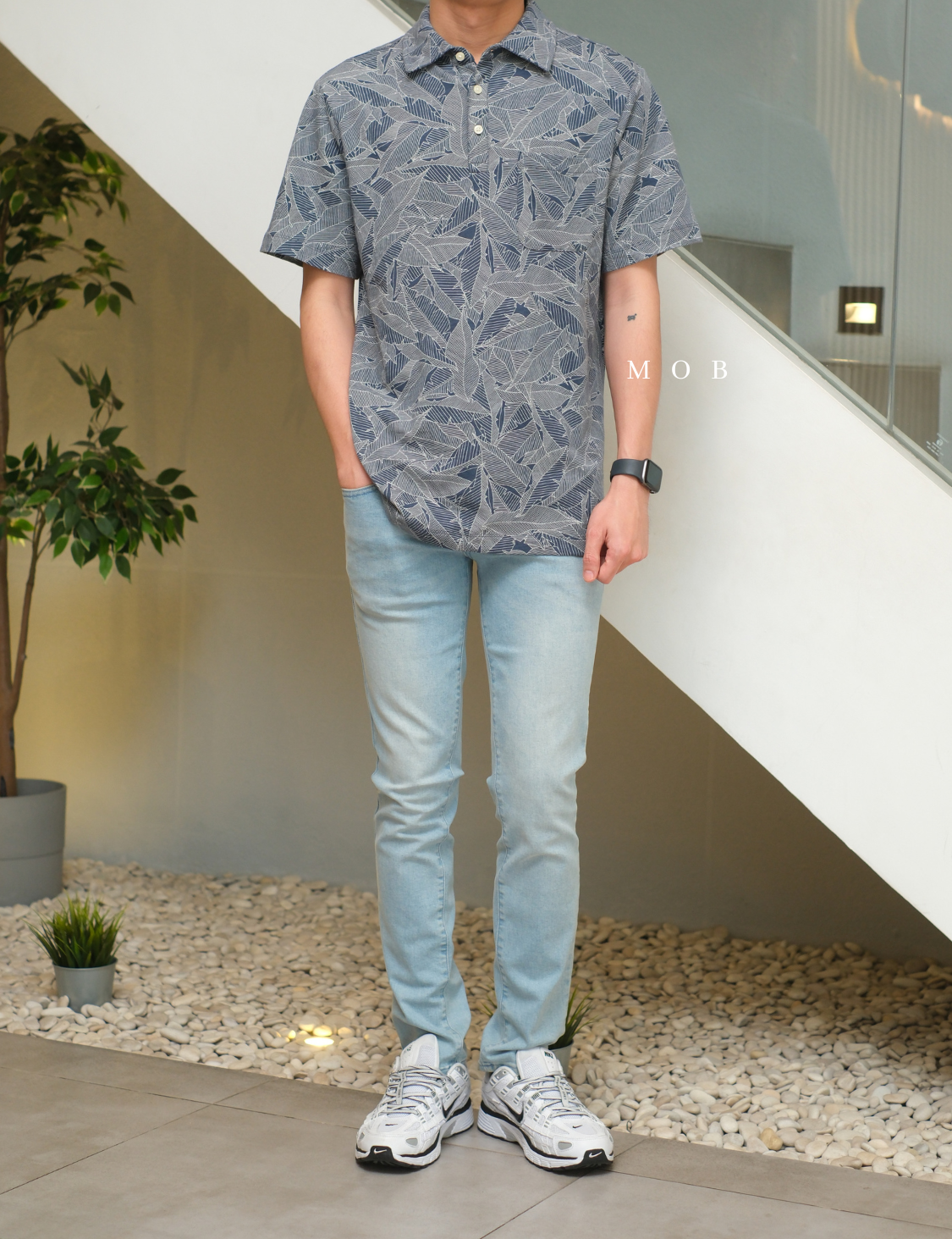 GFPS05002 Basic Polo Shirt Leaf Pattern Navy Grey "SI MEWAH"