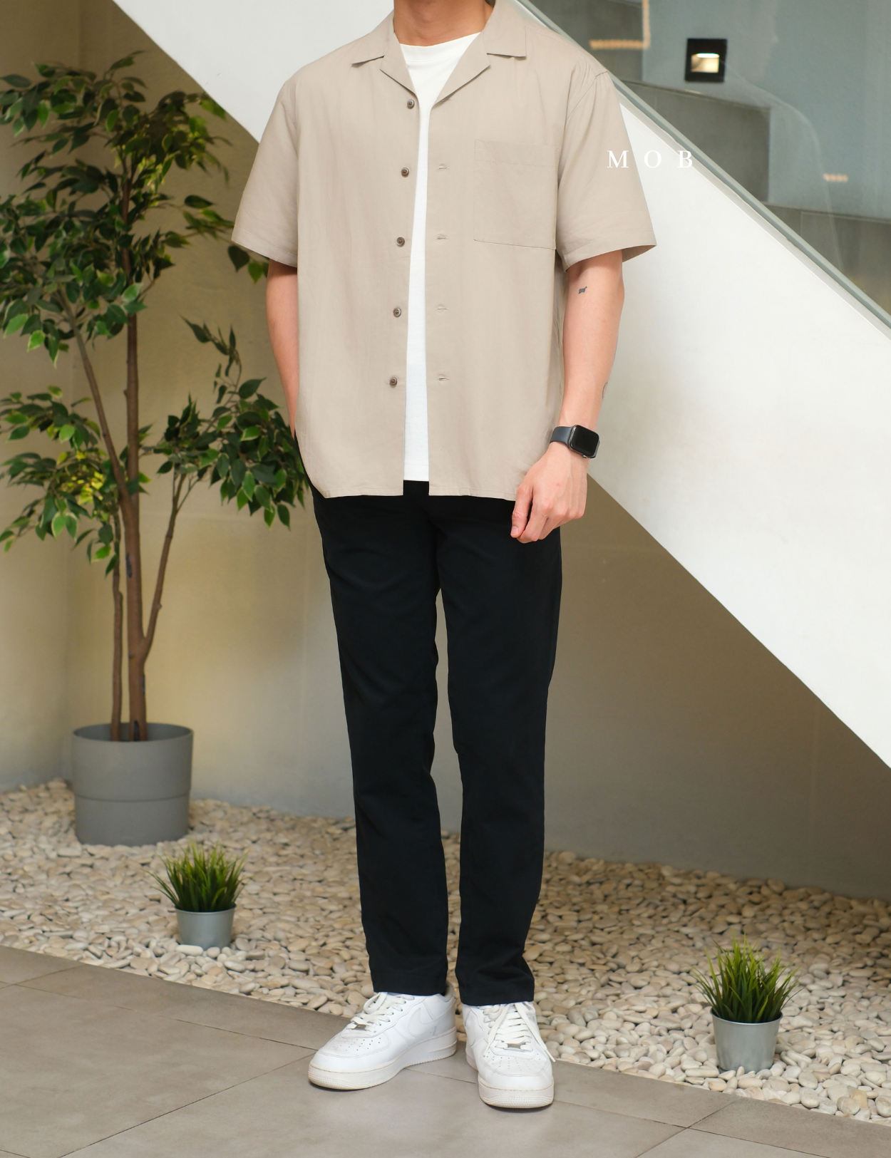 UNQSSS05001B Cotton Open Collar SS Shirt Khaki