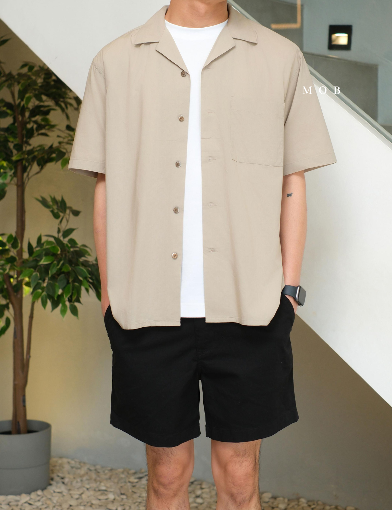 UNQSSS05001B Cotton Open Collar SS Shirt Khaki