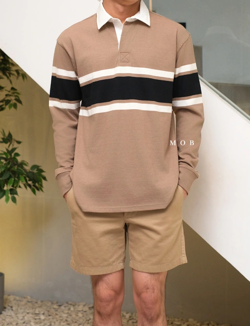 Image of ONPLS01002A Rugby Polo LS Earth Brown Stripe
