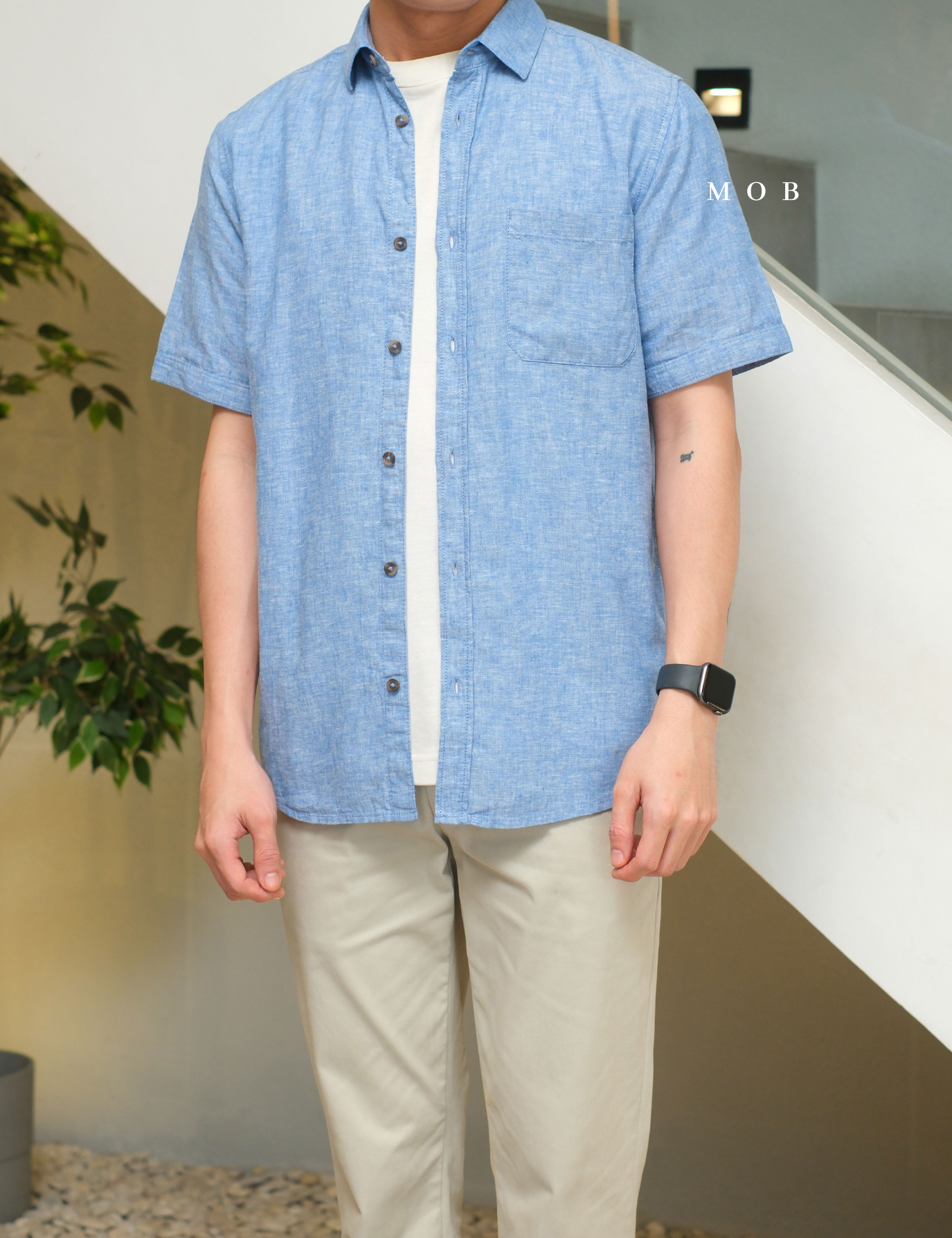 TTSSS01001 Regular LINEN Pocket SS Shirt Blue