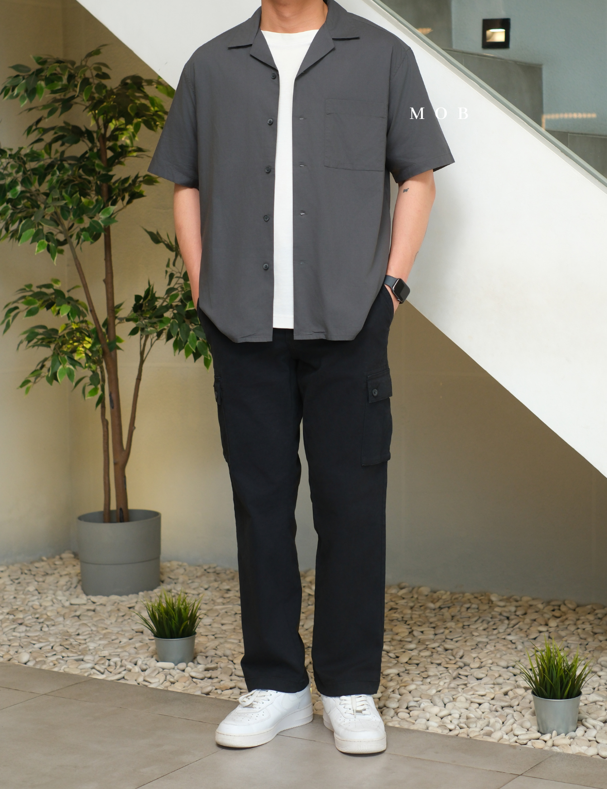 UNQSSS05001E Cotton Open Collar SS Shirt Asphalt Grey