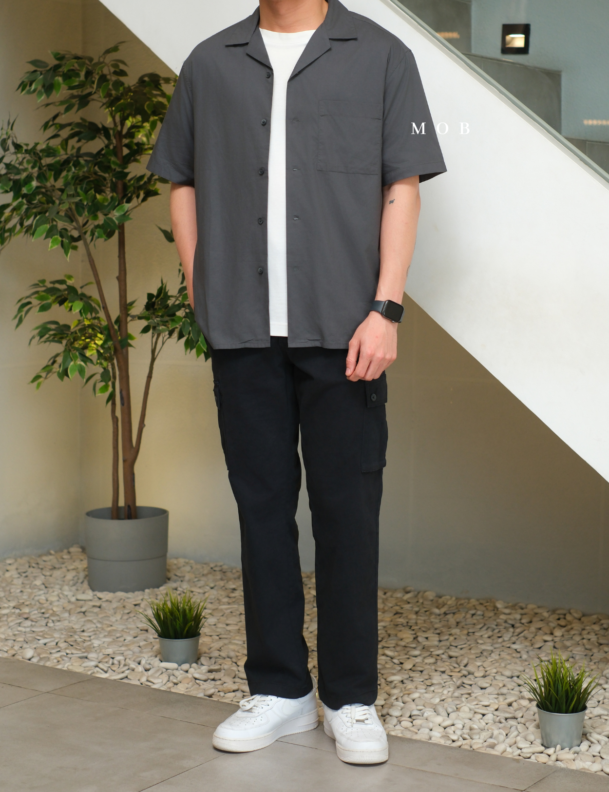 UNQSSS05001E Cotton Open Collar SS Shirt Asphalt Grey