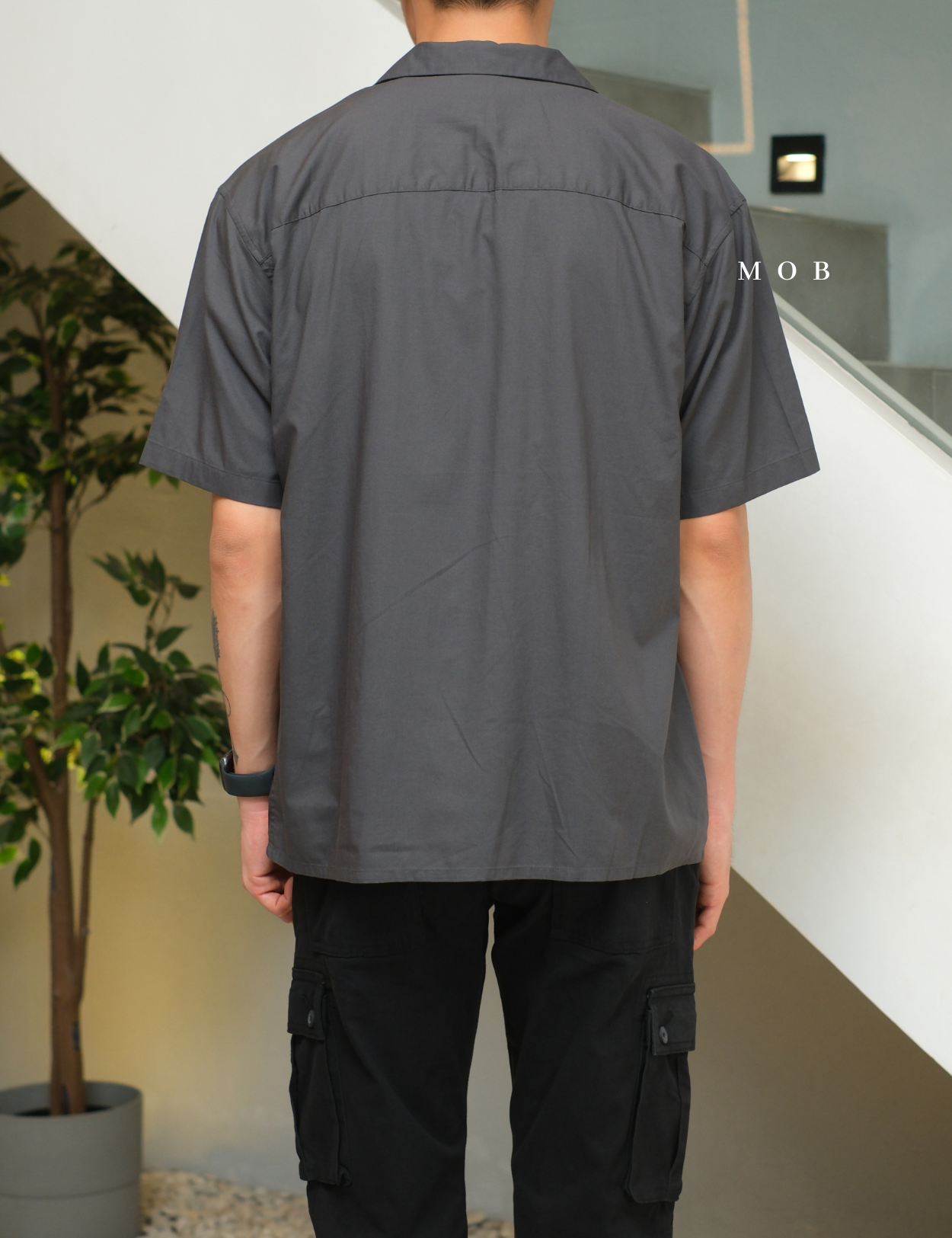 UNQSSS05001E Cotton Open Collar SS Shirt Asphalt Grey