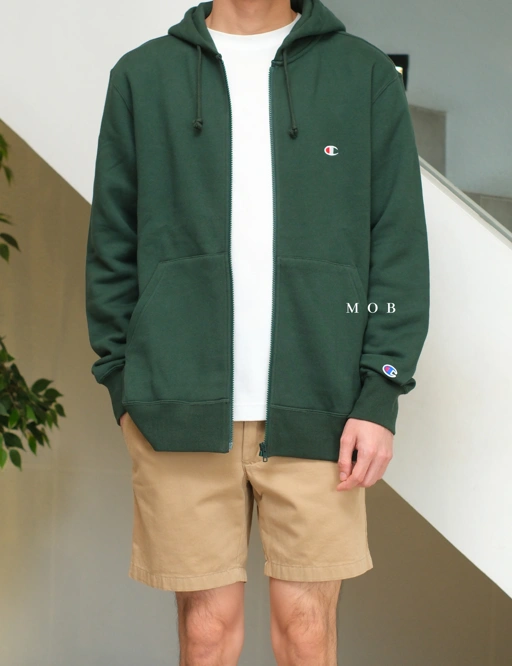 Image of CHMPFZ05001E Basic Small Logo Full Zip Hoodie Green
