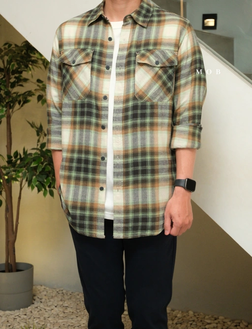 Image of SUNLSS01006B Soft Flannel LS Shirt Green Brown Plaid