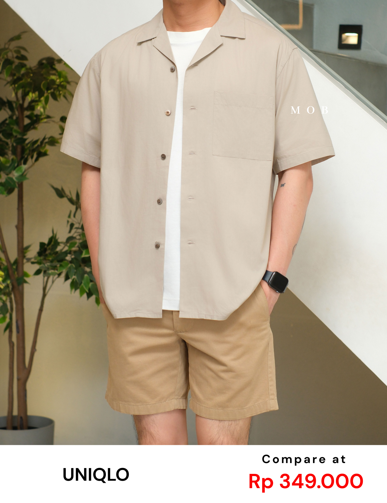 UNQSSS05001B Cotton Open Collar SS Shirt Khaki