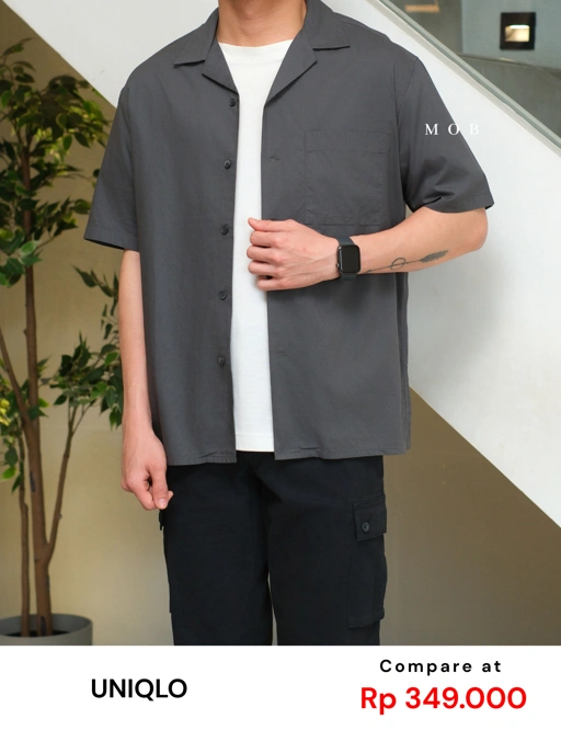 UNQSSS05001E Cotton Open Collar SS Shirt Asphalt Grey