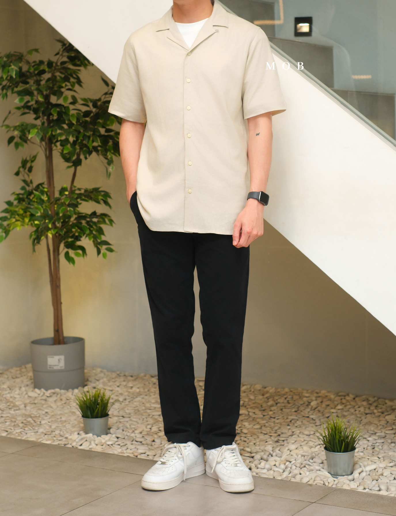 AFSSS01013 Open Collar SS Shirt Beige