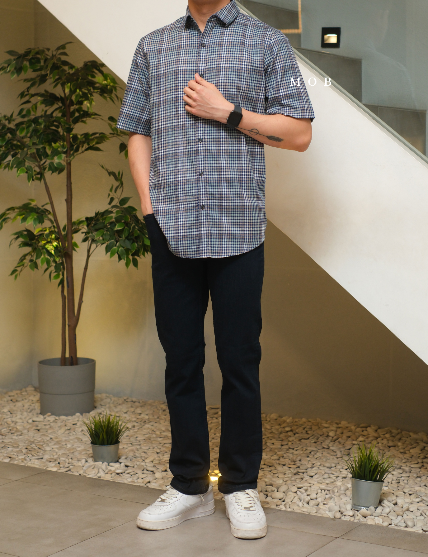 AFSSS01015 Plaid SS Shirt Navy Brown White Gingham 
